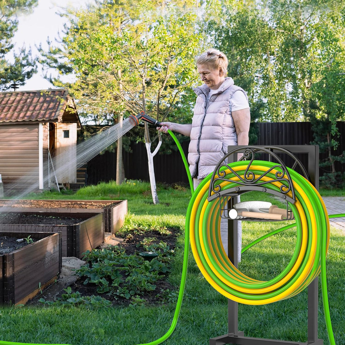 Garden Hose holder, 4-Spike Heavy Metal with Storage Basket, Swirl