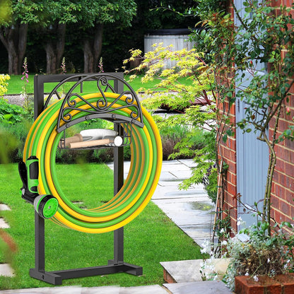 Garden Hose holder, 4-Spike Heavy Metal with Storage Basket, Swirl