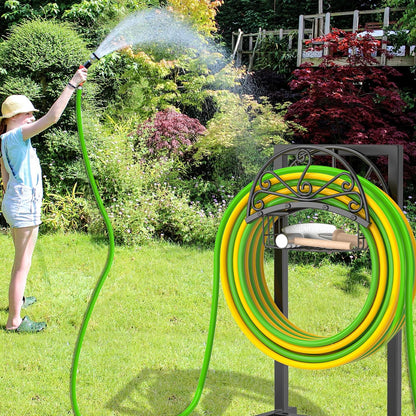 Garden Hose holder, 4-Spike Heavy Metal with Storage Basket, Swirl
