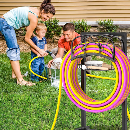 Garden Hose holder, 4-Spike Heavy Metal with Storage Basket, Swirl
