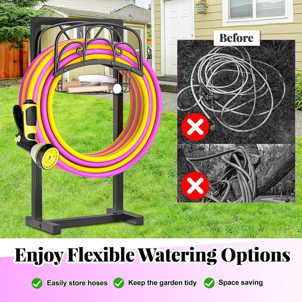 Garden Hose holder, 4-Spike Heavy Metal with Storage Basket, Swirl