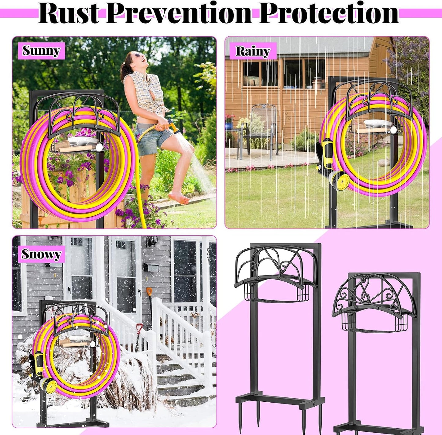 Garden Hose holder, 4-Spike Heavy Metal with Storage Basket, Swirl