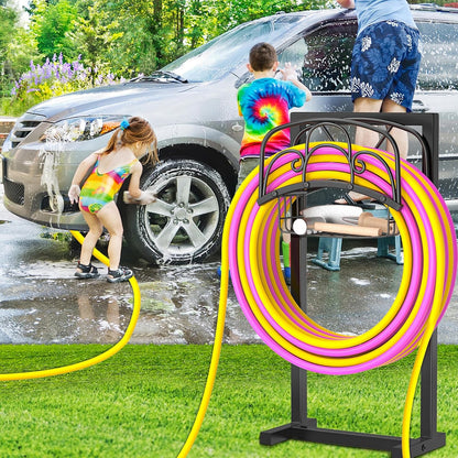 Garden Hose holder, 4-Spike Heavy Metal with Storage Basket, Swirl