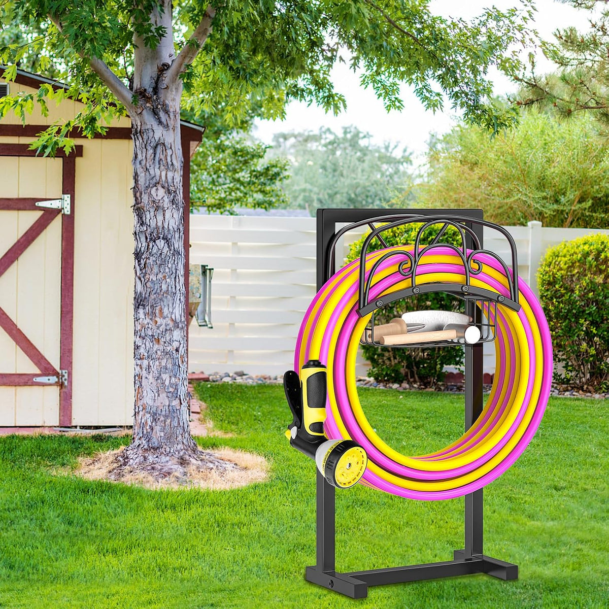 Garden Hose holder, 4-Spike Heavy Metal with Storage Basket, Swirl