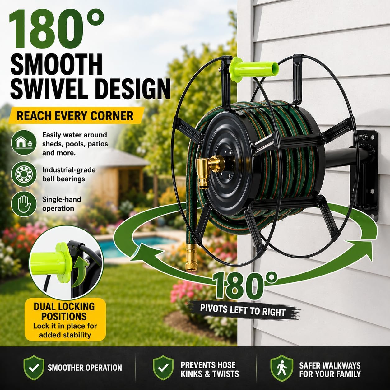 Swivel Hose Reel Wall Mount - 180 Degree Pivot Hose Hanger - Great for Garden Storage - Hose Holder Wall Mount for Air Hose - Heavy Duty Steel Hose Hanger