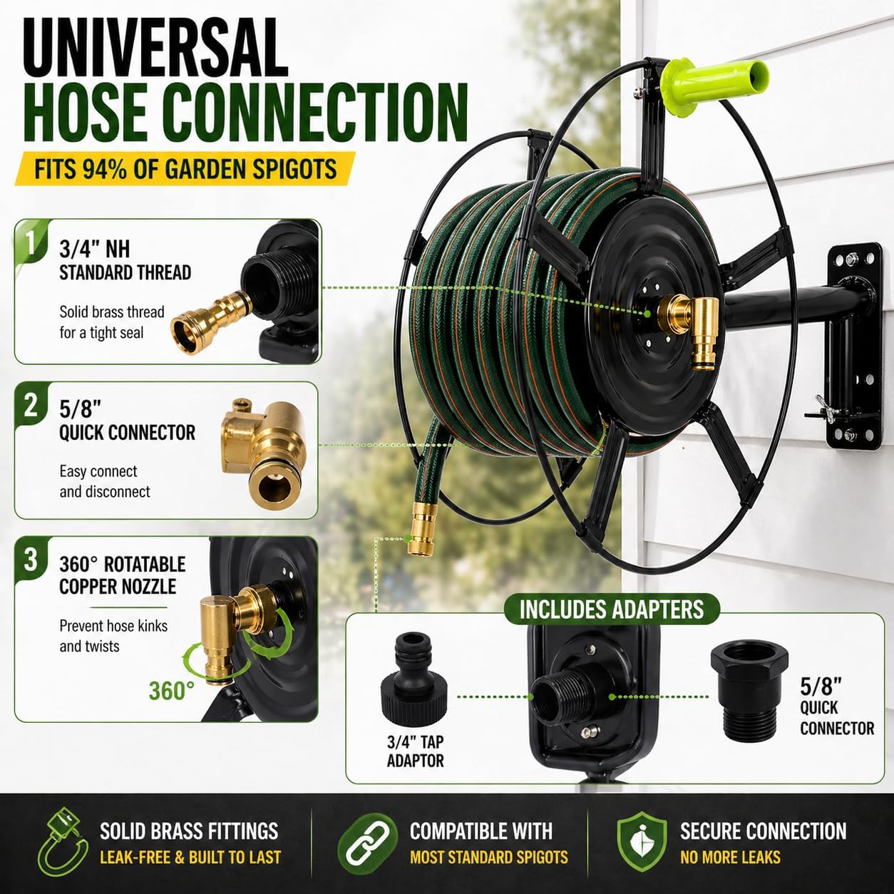 Swivel Hose Reel Wall Mount - 180 Degree Pivot Hose Hanger - Great for Garden Storage - Hose Holder Wall Mount for Air Hose - Heavy Duty Steel Hose Hanger