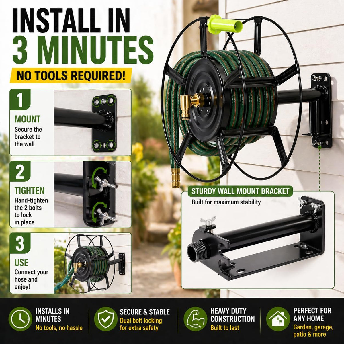 Swivel Hose Reel Wall Mount - 180 Degree Pivot Hose Hanger - Great for Garden Storage - Hose Holder Wall Mount for Air Hose - Heavy Duty Steel Hose Hanger