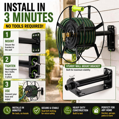 Swivel Hose Reel Wall Mount - 180 Degree Pivot Hose Hanger - Great for Garden Storage - Hose Holder Wall Mount for Air Hose - Heavy Duty Steel Hose Hanger