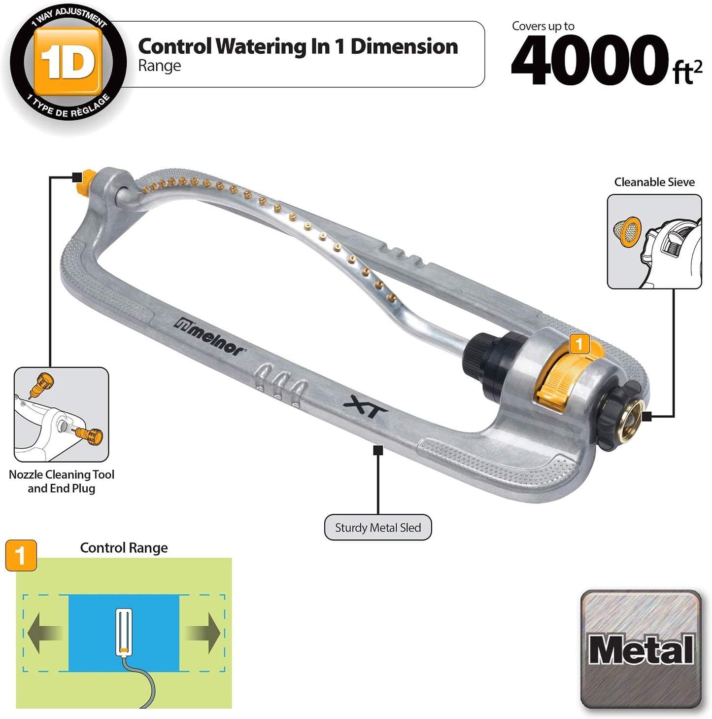 XT Oscillating Sprinkler, 4500 Sq Ft: Flow, Width & Range Adjust