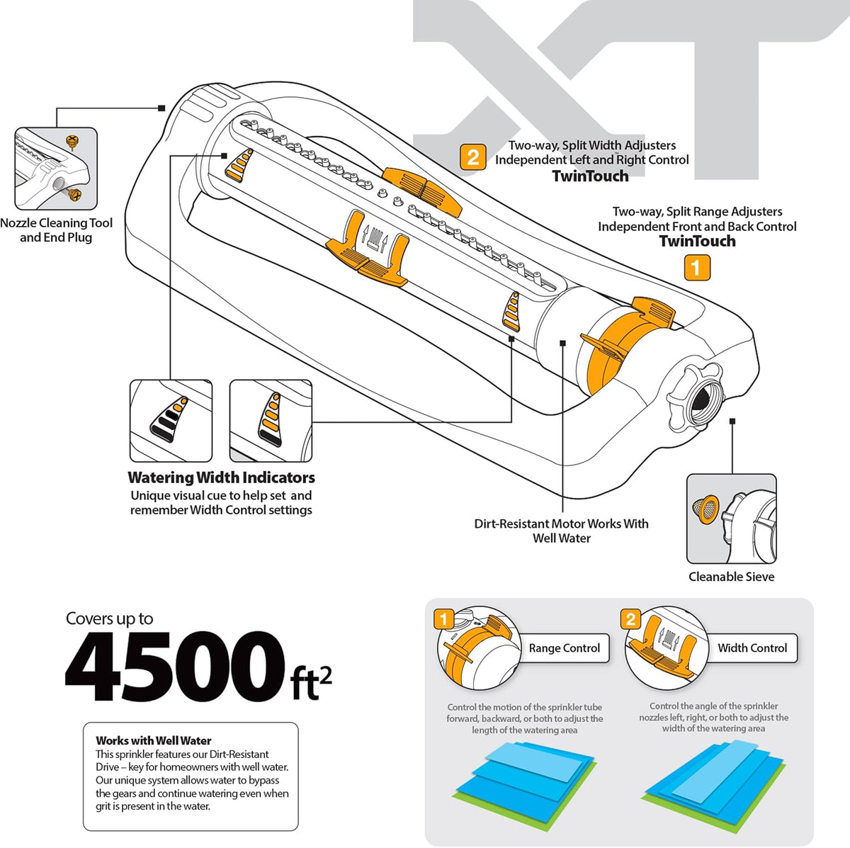 XT Oscillating Sprinkler, 4500 Sq Ft: Flow, Width & Range Adjust