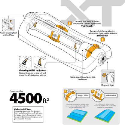 XT Oscillating Sprinkler, 4500 Sq Ft: Flow, Width & Range Adjust