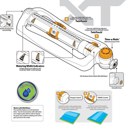 XT Oscillating Sprinkler, 4500 Sq Ft: Flow, Width & Range Adjust