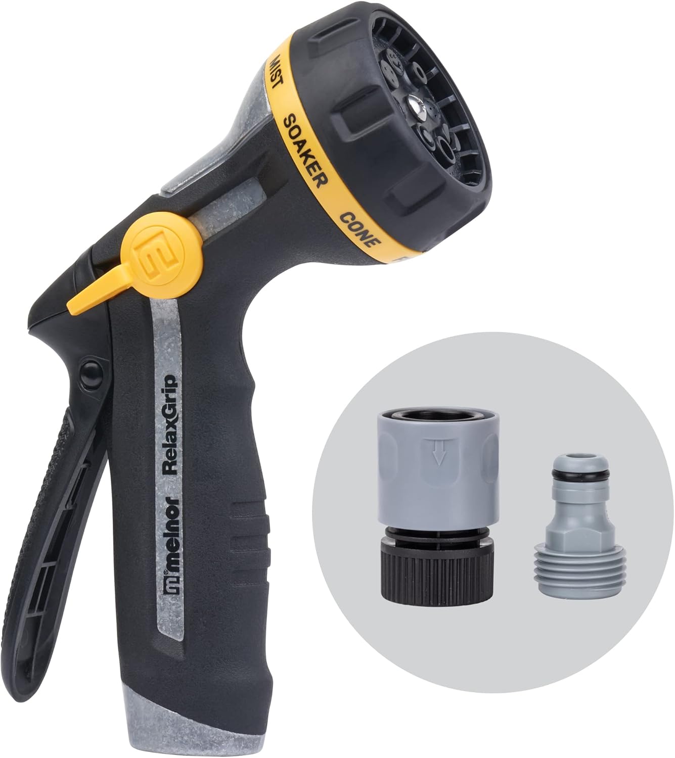 65187AMZ RelaxGrip 8-Pattern Hose Nozzle with Quick Connect Bundle, Ergonomic Rear Trigger, Lightweight Water Nozzle, Arthritis Foundation Ease of Use Certified, Black, Yellow