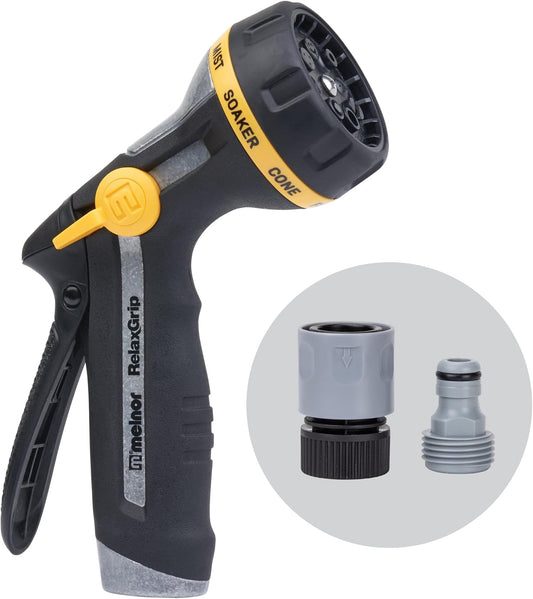65187AMZ RelaxGrip 8-Pattern Hose Nozzle with Quick Connect Bundle, Ergonomic Rear Trigger, Lightweight Water Nozzle, Arthritis Foundation Ease of Use Certified, Black, Yellow