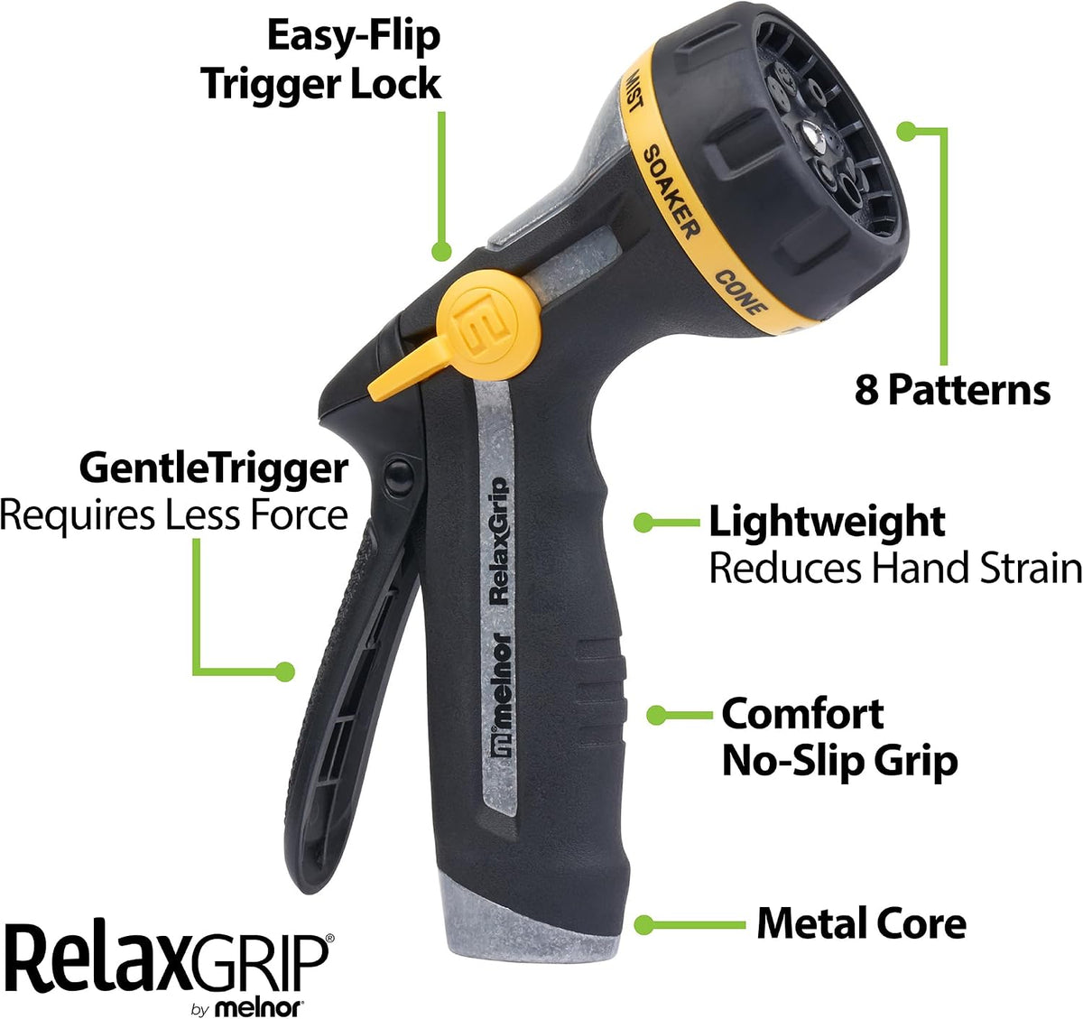 65187AMZ RelaxGrip 8-Pattern Hose Nozzle with Quick Connect Bundle, Ergonomic Rear Trigger, Lightweight Water Nozzle, Arthritis Foundation Ease of Use Certified, Black, Yellow