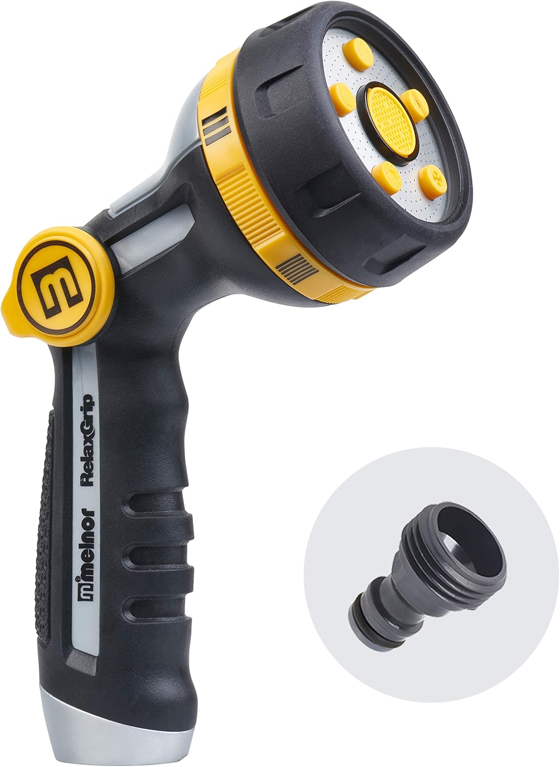 65187AMZ RelaxGrip 8-Pattern Hose Nozzle with Quick Connect Bundle, Ergonomic Rear Trigger, Lightweight Water Nozzle, Arthritis Foundation Ease of Use Certified, Black, Yellow