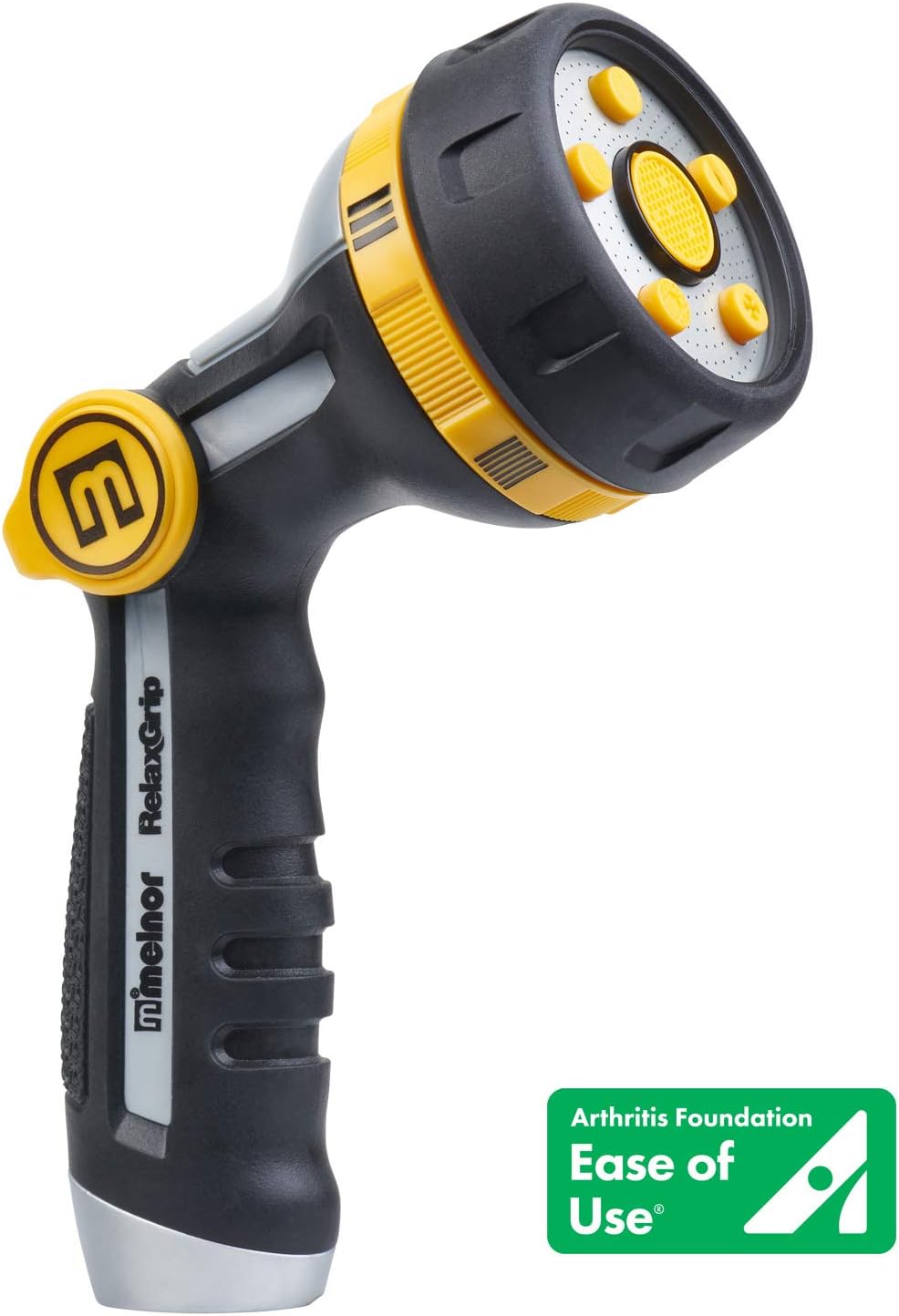 65187AMZ RelaxGrip 8-Pattern Hose Nozzle with Quick Connect Bundle, Ergonomic Rear Trigger, Lightweight Water Nozzle, Arthritis Foundation Ease of Use Certified, Black, Yellow