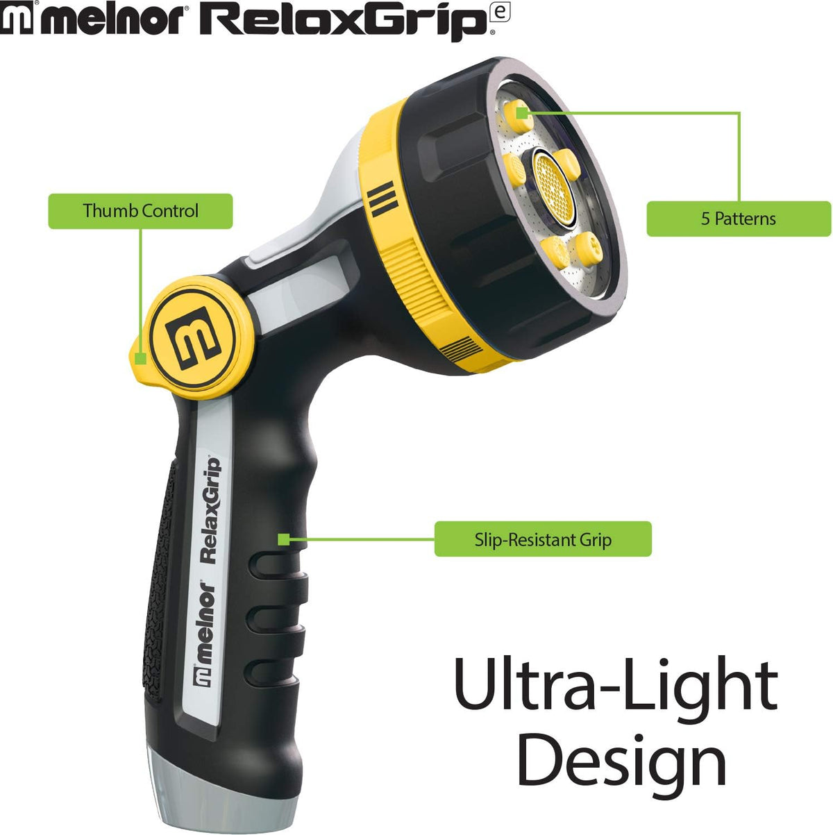 65187AMZ RelaxGrip 8-Pattern Hose Nozzle with Quick Connect Bundle, Ergonomic Rear Trigger, Lightweight Water Nozzle, Arthritis Foundation Ease of Use Certified, Black, Yellow