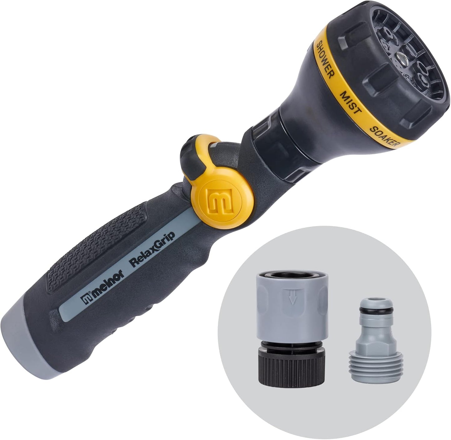 65187AMZ RelaxGrip 8-Pattern Hose Nozzle with Quick Connect Bundle, Ergonomic Rear Trigger, Lightweight Water Nozzle, Arthritis Foundation Ease of Use Certified, Black, Yellow