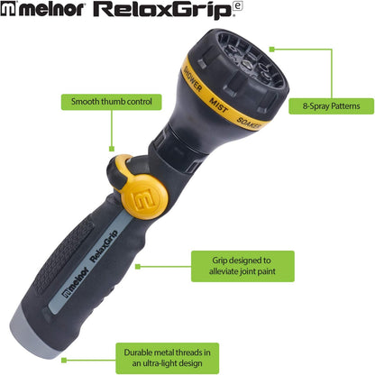 65187AMZ RelaxGrip 8-Pattern Hose Nozzle with Quick Connect Bundle, Ergonomic Rear Trigger, Lightweight Water Nozzle, Arthritis Foundation Ease of Use Certified, Black, Yellow