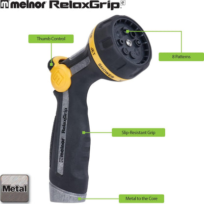 65187AMZ RelaxGrip 8-Pattern Hose Nozzle with Quick Connect Bundle, Ergonomic Rear Trigger, Lightweight Water Nozzle, Arthritis Foundation Ease of Use Certified, Black, Yellow