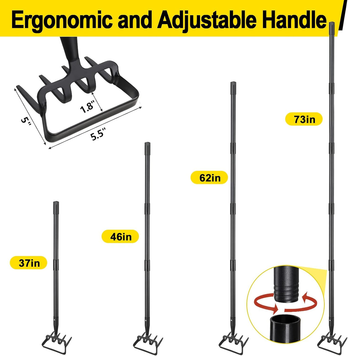 Garden Hoe, Heavy Duty Hula Hoe Garden Tool for Weeding, 62 Inch Cultivator Stirrup Hoe with Adjustable Long Handle, Action Scuffle Loop Hoe with Rake 2-in-1 Gardening Tool for Loosening Pulling Weed
