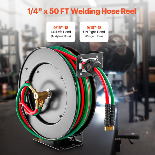 Retractable Welding Hose Reel, 1/4-Inch x 50FT Twin Oxygen Acetylene Rubber Hose up to 300PSI - T Grade. Ceiling/Wall Mounted Heavy Duty Steel Hose Reel with Auto-Rewind Feature