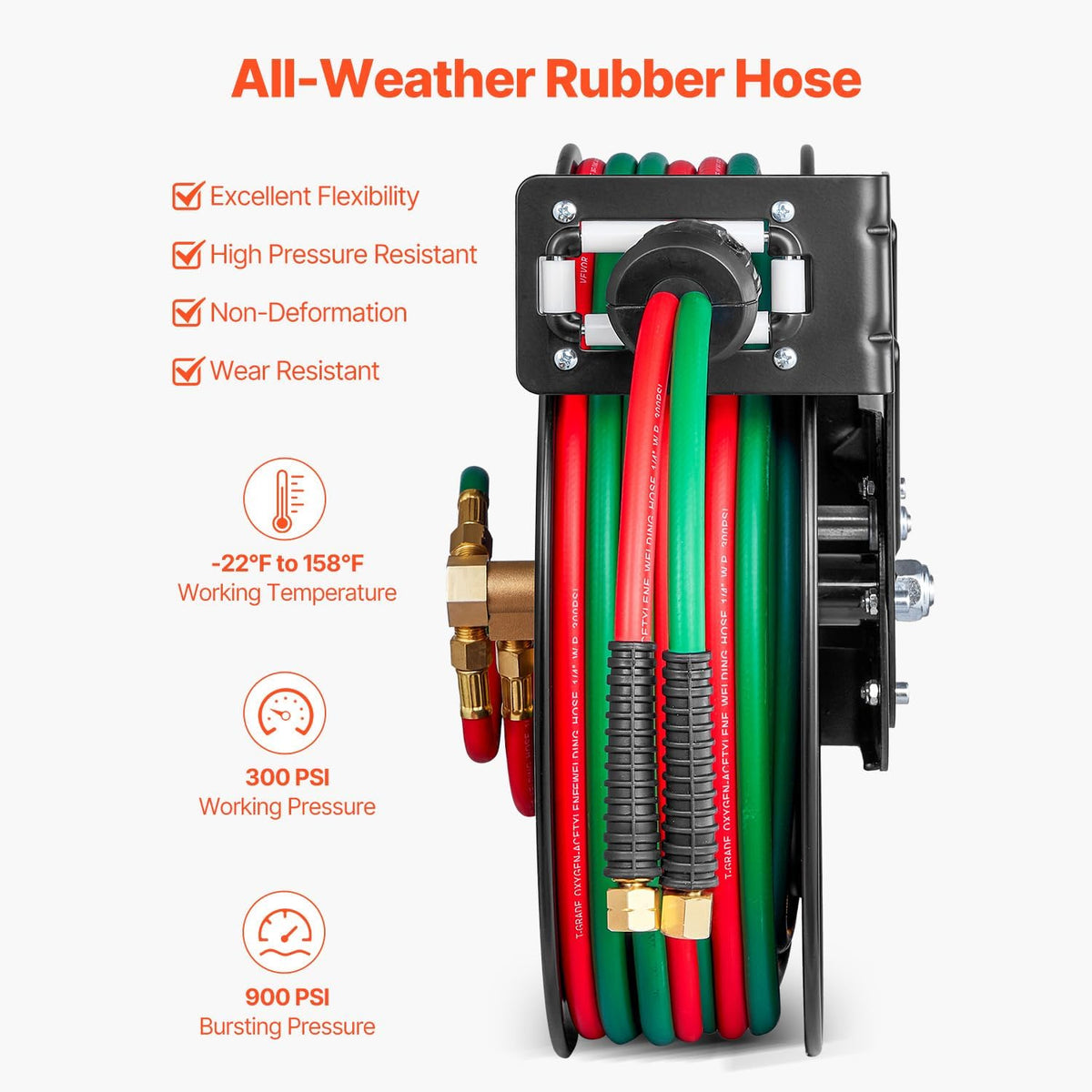 Retractable Welding Hose Reel, 1/4-Inch x 50FT Twin Oxygen Acetylene Rubber Hose up to 300PSI - T Grade. Ceiling/Wall Mounted Heavy Duty Steel Hose Reel with Auto-Rewind Feature
