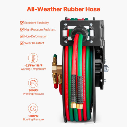 Retractable Welding Hose Reel, 1/4-Inch x 50FT Twin Oxygen Acetylene Rubber Hose up to 300PSI - T Grade. Ceiling/Wall Mounted Heavy Duty Steel Hose Reel with Auto-Rewind Feature