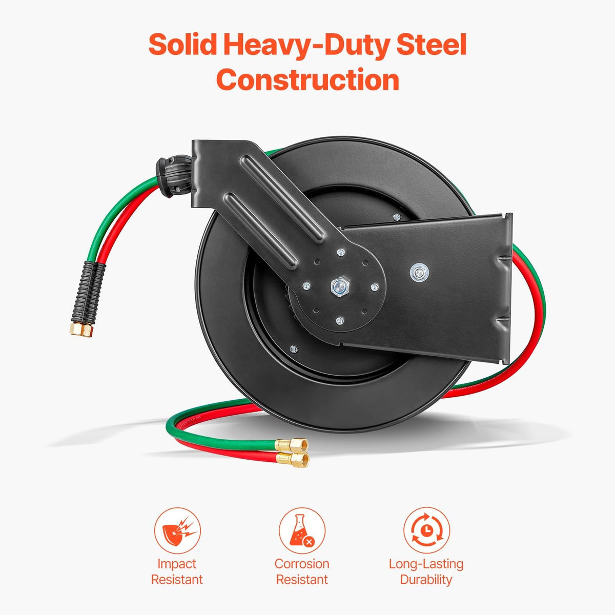 Retractable Welding Hose Reel, 1/4-Inch x 50FT Twin Oxygen Acetylene Rubber Hose up to 300PSI - T Grade. Ceiling/Wall Mounted Heavy Duty Steel Hose Reel with Auto-Rewind Feature