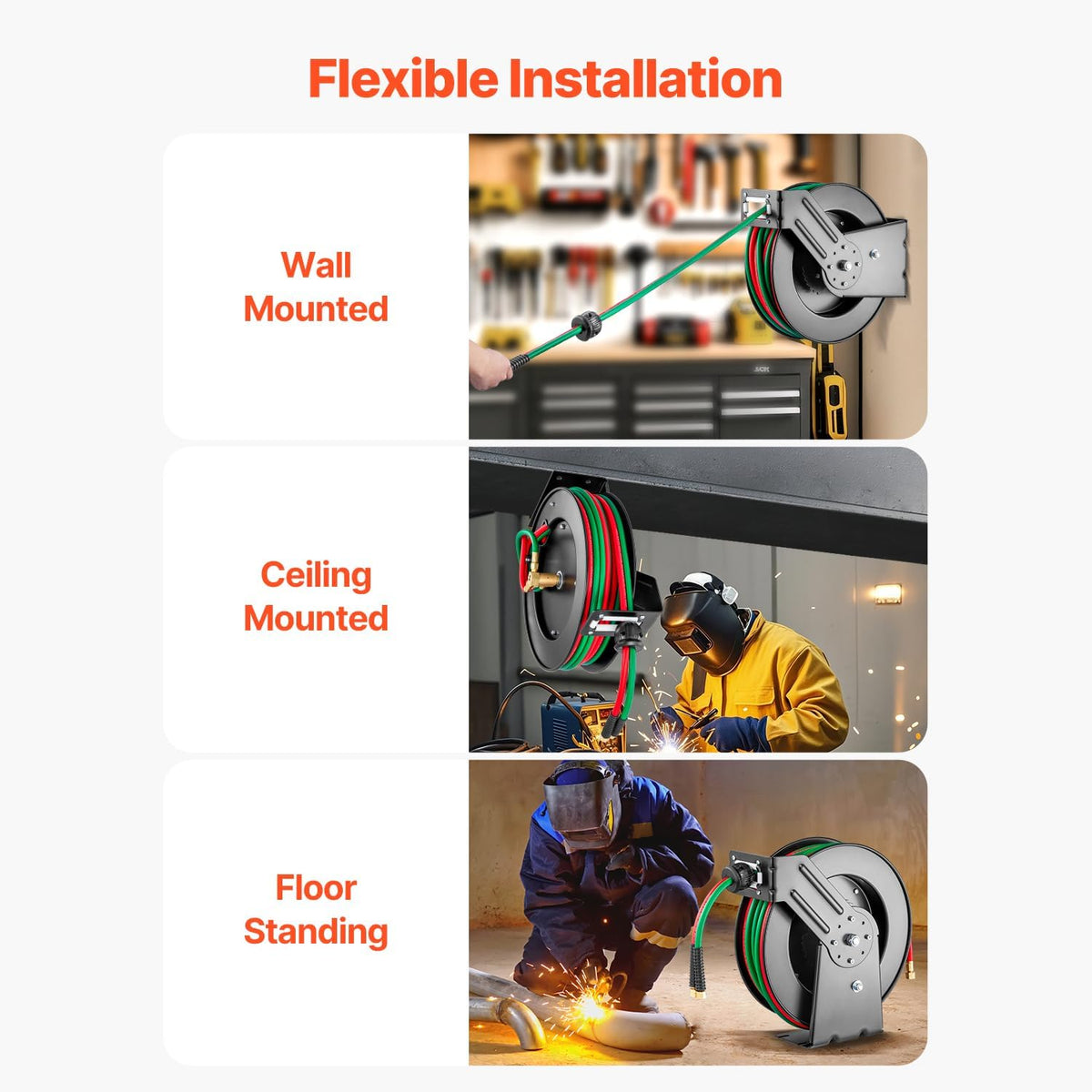 Retractable Welding Hose Reel, 1/4-Inch x 50FT Twin Oxygen Acetylene Rubber Hose up to 300PSI - T Grade. Ceiling/Wall Mounted Heavy Duty Steel Hose Reel with Auto-Rewind Feature
