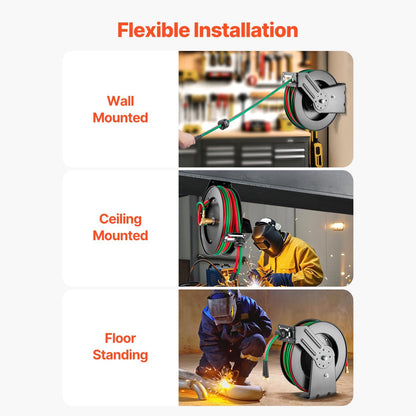 Retractable Welding Hose Reel, 1/4-Inch x 50FT Twin Oxygen Acetylene Rubber Hose up to 300PSI - T Grade. Ceiling/Wall Mounted Heavy Duty Steel Hose Reel with Auto-Rewind Feature