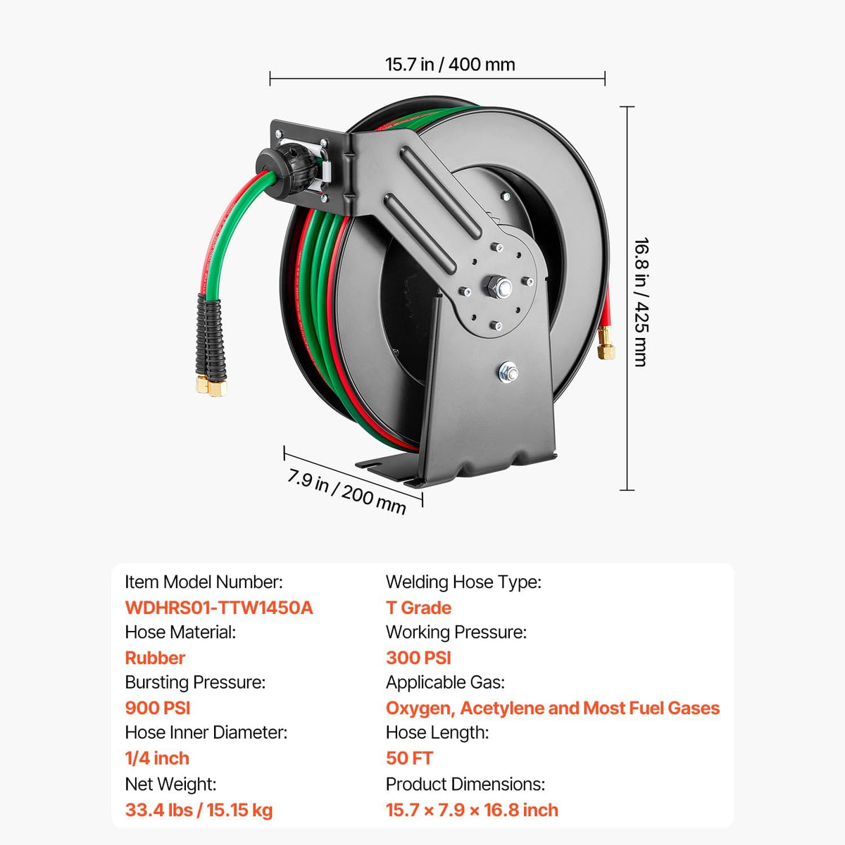 Retractable Welding Hose Reel, 1/4-Inch x 50FT Twin Oxygen Acetylene Rubber Hose up to 300PSI - T Grade. Ceiling/Wall Mounted Heavy Duty Steel Hose Reel with Auto-Rewind Feature