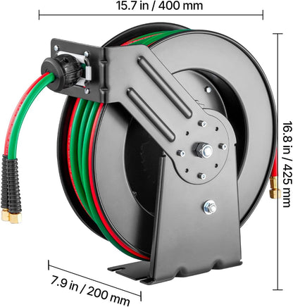 Retractable Welding Hose Reel, 1/4-Inch x 50FT Twin Oxygen Acetylene Rubber Hose up to 300PSI - T Grade. Ceiling/Wall Mounted Heavy Duty Steel Hose Reel with Auto-Rewind Feature