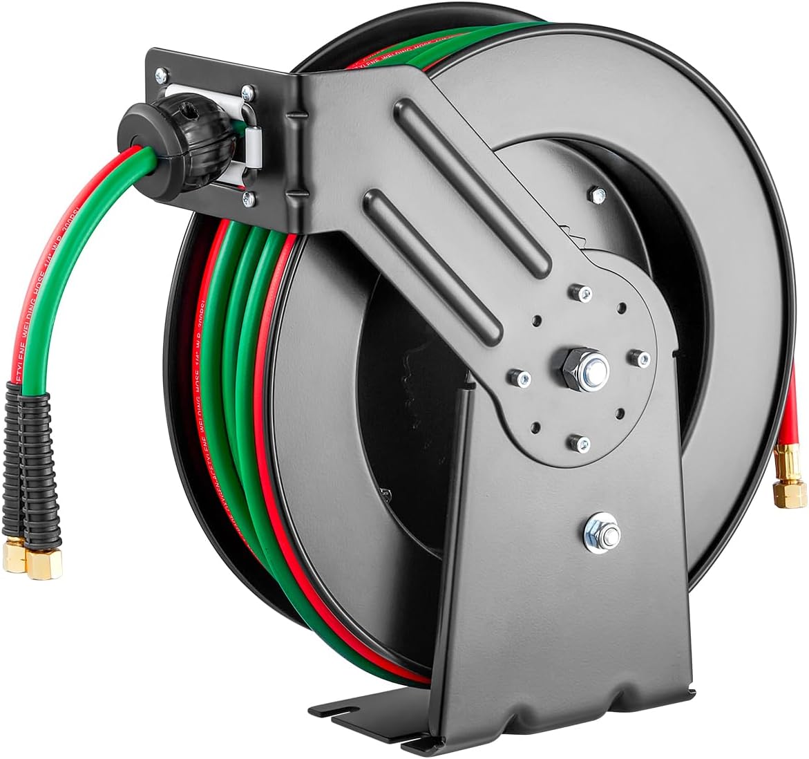 Retractable Welding Hose Reel, 1/4-Inch x 50FT Twin Oxygen Acetylene Rubber Hose up to 300PSI - T Grade. Ceiling/Wall Mounted Heavy Duty Steel Hose Reel with Auto-Rewind Feature