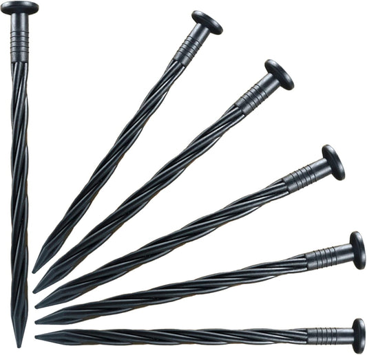 60-Pack 8 Inch Black Plastic Spiral Pointed Garden Stakes for Landscape Edging, Paver, Tent, Weed Barrier