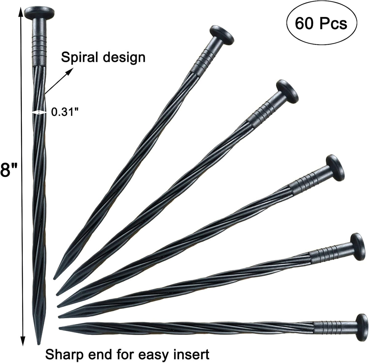 60-Pack 8 Inch Black Plastic Spiral Pointed Garden Stakes for Landscape Edging, Paver, Tent, Weed Barrier
