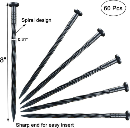 60-Pack 8 Inch Black Plastic Spiral Pointed Garden Stakes for Landscape Edging, Paver, Tent, Weed Barrier