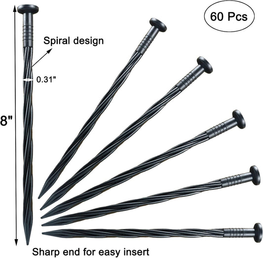 60-Pack 8 Inch Black Plastic Spiral Pointed Garden Stakes for Landscape Edging, Paver, Tent, Weed Barrier