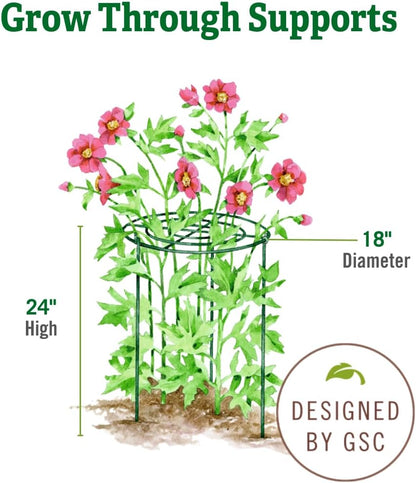 Grow Through Plant Support | Sturdy Metal Support Frame for Peonies, Roses Flower Garden Cage | Wide Top Rings Bouquet Shape |18" D X 24" H (Set of 3)