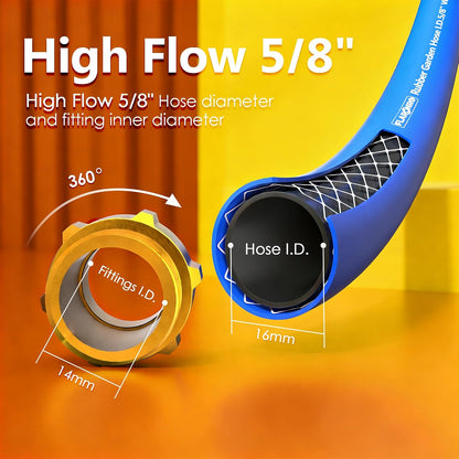 5/8 IN. × 10FT. Heavy Duty Rubber Garden Hose, High Flow 5/8" I.D. Brass Fitting No Memory Durable Heavy Duty Water Hose Leader Hose for Watering, Irrigation, Water Transfer Pump