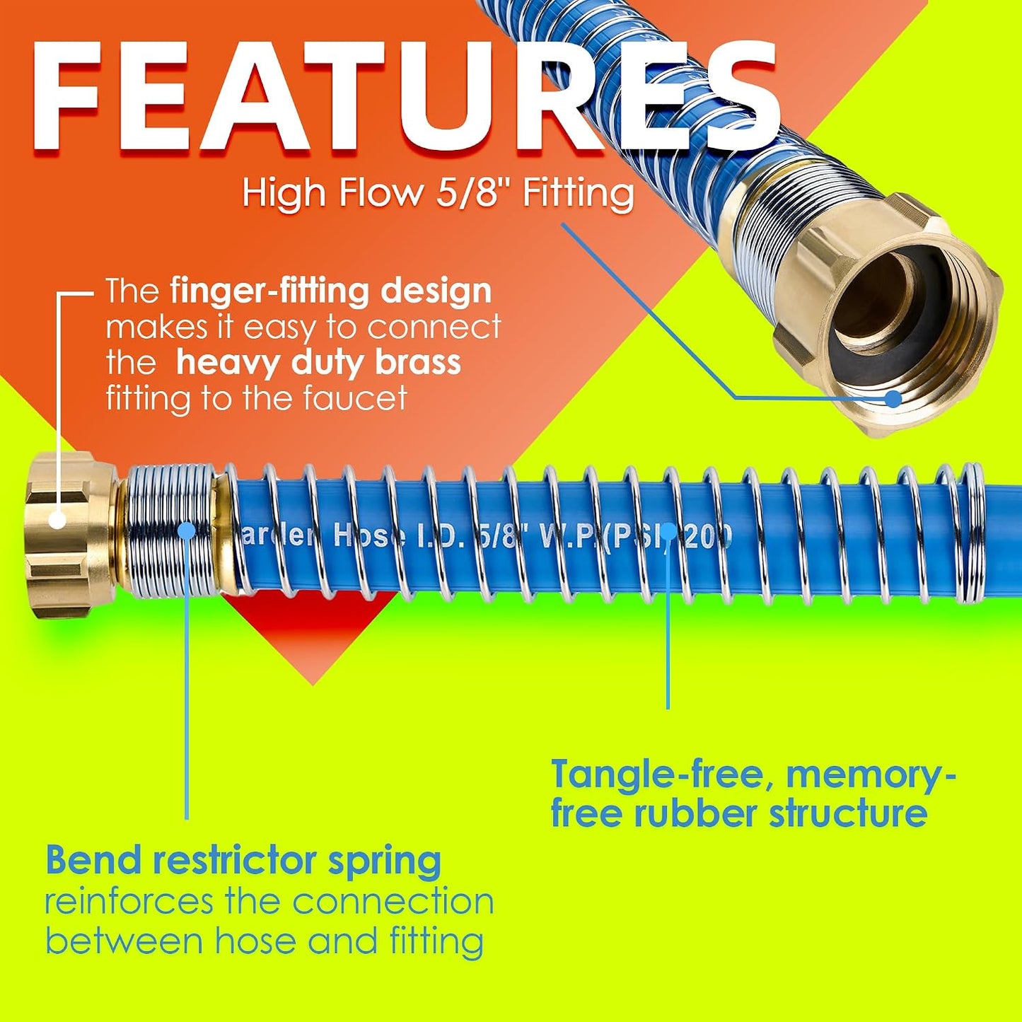 5/8 IN. × 10FT. Heavy Duty Rubber Garden Hose, High Flow 5/8" I.D. Brass Fitting No Memory Durable Heavy Duty Water Hose Leader Hose for Watering, Irrigation, Water Transfer Pump