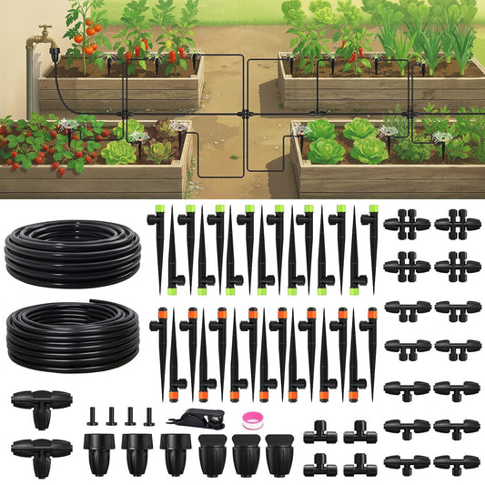 Drip Irrigation System, Quick-Connect Garden Watering System Kit with Adjustable Emitters for Greenhouse, Garden Grid, Raised Bed, Potted Plant