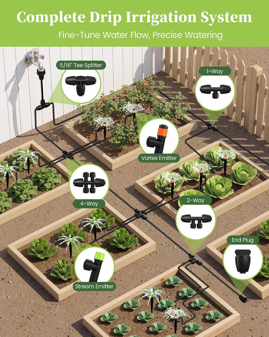 Drip Irrigation System, Quick-Connect Garden Watering System Kit with Adjustable Emitters for Greenhouse, Garden Grid, Raised Bed, Potted Plant