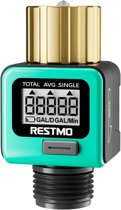 Water Flow Meter with Brass Inlet Metal Thread, Measure Gallon/Liter Consumption and Flow Rate for Outdoor Garden Hose Watering, RV Water Tank Filling, Lawn Sprinkler and Nozzle Sprayer