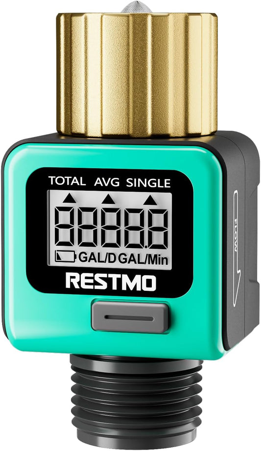 Water Flow Meter with Brass Inlet Metal Thread, Measure Gallon/Liter Consumption and Flow Rate for Outdoor Garden Hose Watering, RV Water Tank Filling, Lawn Sprinkler and Nozzle Sprayer