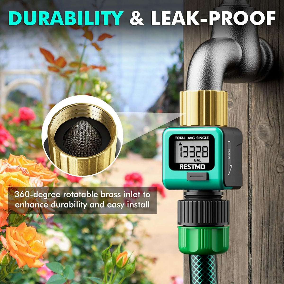 Water Flow Meter with Brass Inlet Metal Thread, Measure Gallon/Liter Consumption and Flow Rate for Outdoor Garden Hose Watering, RV Water Tank Filling, Lawn Sprinkler and Nozzle Sprayer