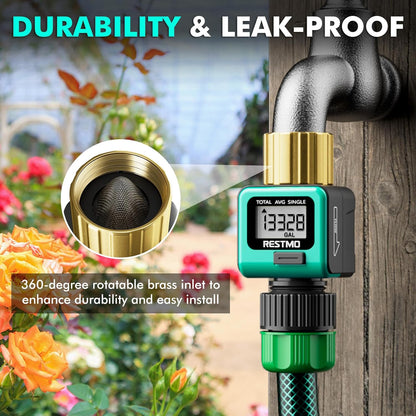 Water Flow Meter with Brass Inlet Metal Thread, Measure Gallon/Liter Consumption and Flow Rate for Outdoor Garden Hose Watering, RV Water Tank Filling, Lawn Sprinkler and Nozzle Sprayer