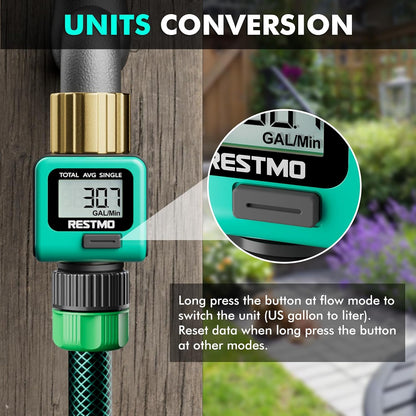 Water Flow Meter with Brass Inlet Metal Thread, Measure Gallon/Liter Consumption and Flow Rate for Outdoor Garden Hose Watering, RV Water Tank Filling, Lawn Sprinkler and Nozzle Sprayer