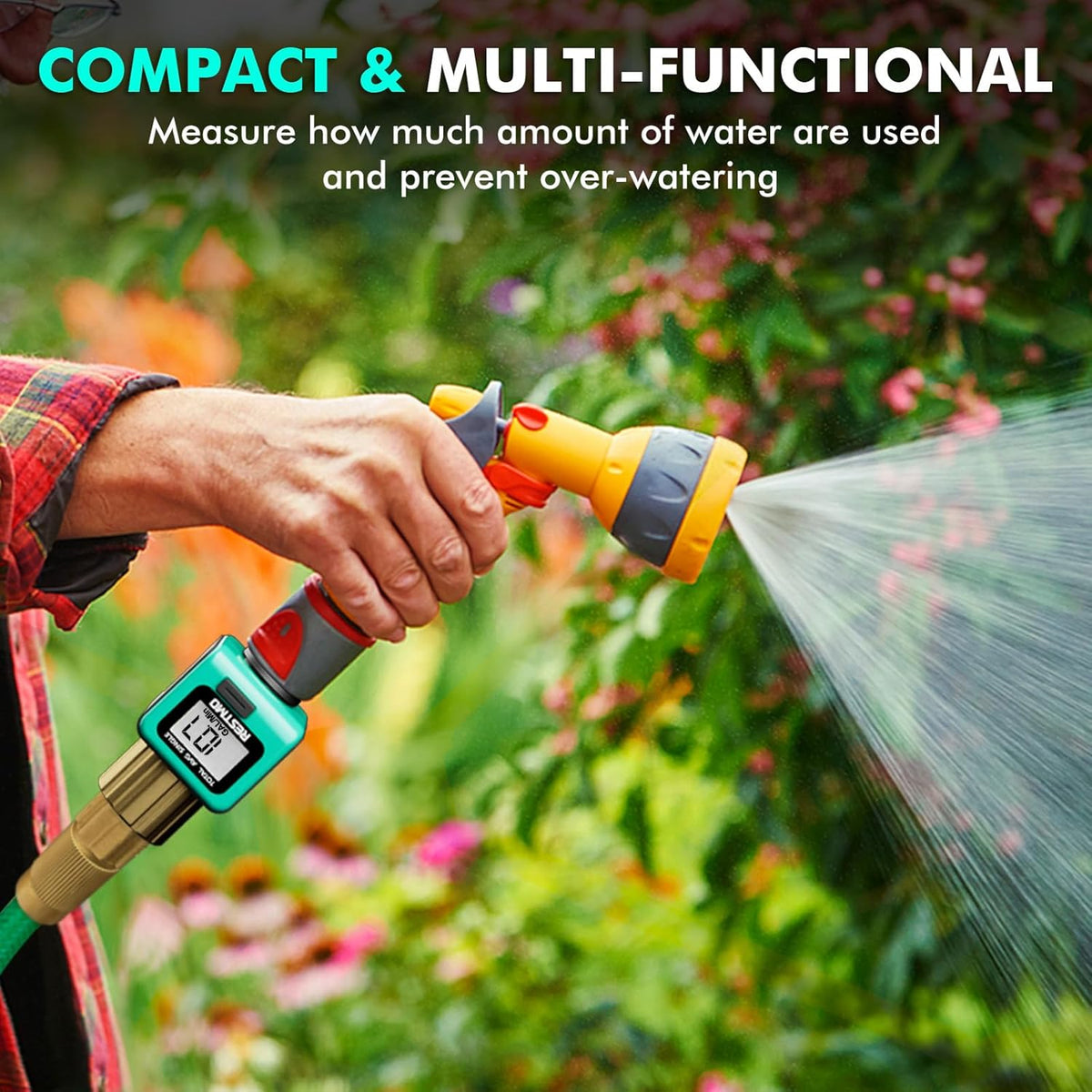 Water Flow Meter with Brass Inlet Metal Thread, Measure Gallon/Liter Consumption and Flow Rate for Outdoor Garden Hose Watering, RV Water Tank Filling, Lawn Sprinkler and Nozzle Sprayer